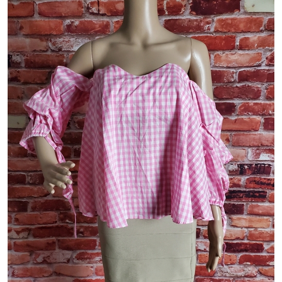 Do+Be Pink Gingham Off Shoulder Blouse Size XS NWT - Picture 3 of 5